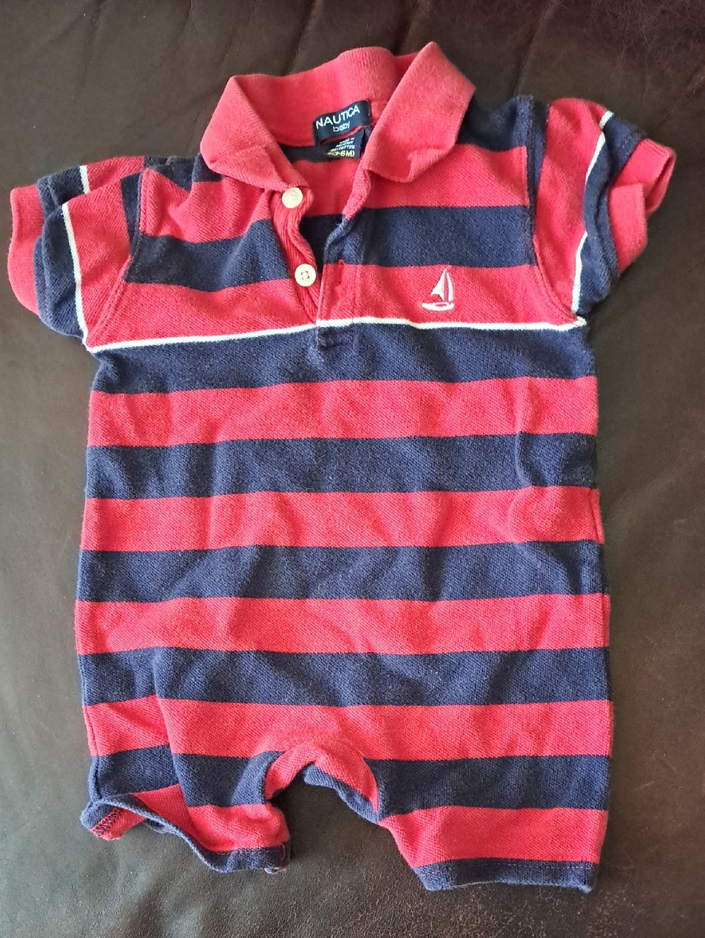 Nautica Red and Navy Striped Polo Baby Romper